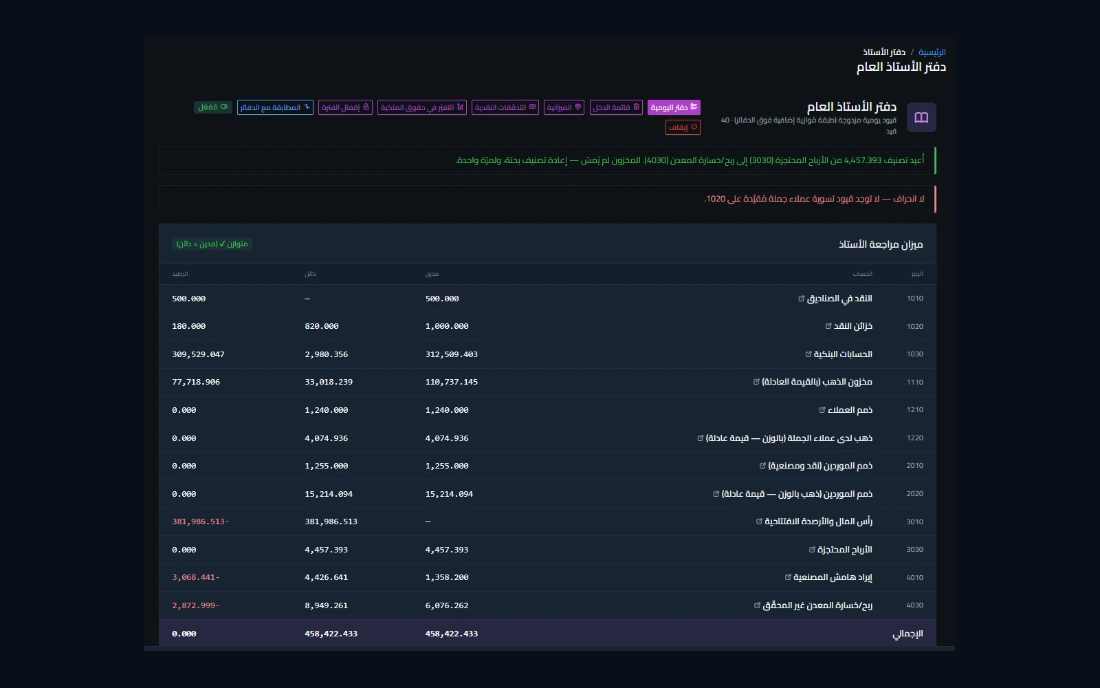 شاشة دفتر الأستاذ العام وميزان المراجعة في برنامج زمزم جولد
